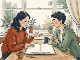 Dos personas conversan con afecto junto a un libro abierto y una ventana.