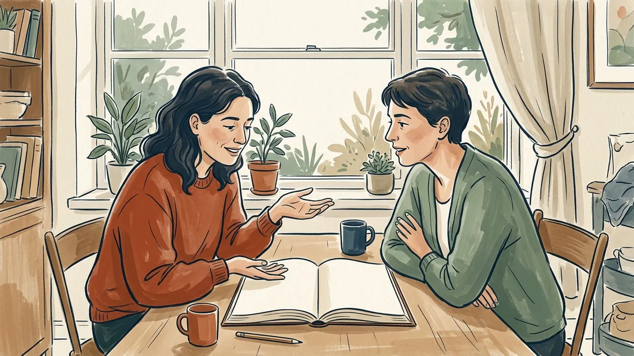 Dos personas conversan con afecto junto a un libro abierto y una ventana.
