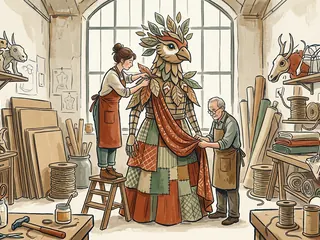 Dos personas preparan una figura festiva inventada de cartón y tela en un taller.