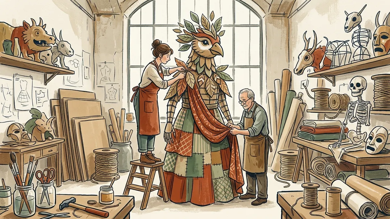 Dos personas preparan una figura festiva inventada de cartón y tela en un taller.