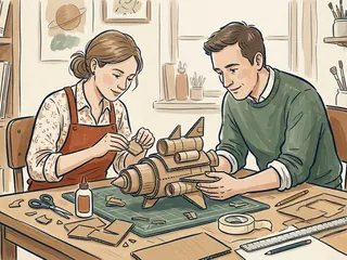 Dos personas construyen una maqueta original de una nave imaginaria con cartón.