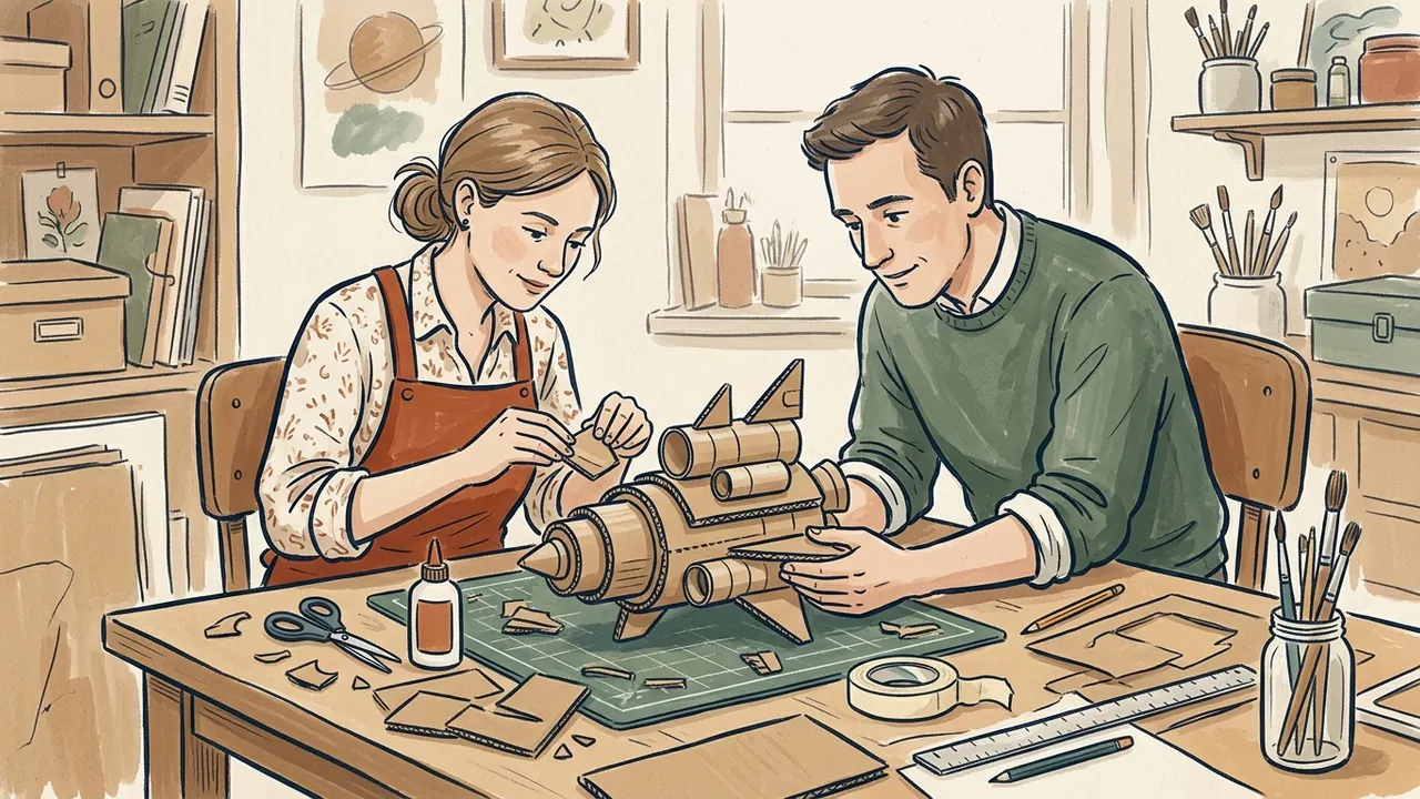 Dos personas construyen una maqueta original de una nave imaginaria con cartón.