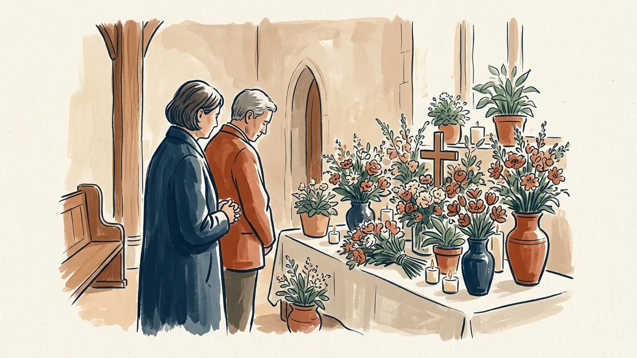 Dos personas observan una mesa con flores y una cruz de madera en un interior cristiano ficticio.