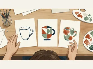 Una persona compara tres dibujos de una taza con distintos estilos.