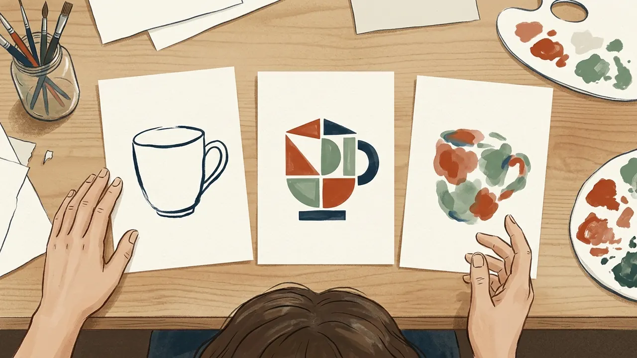 Una persona compara tres dibujos de una taza con distintos estilos.
