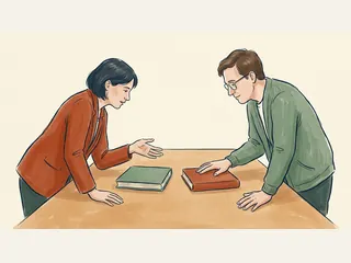 Dos personas comparan dos libros cerrados de cubiertas lisas sobre una mesa.