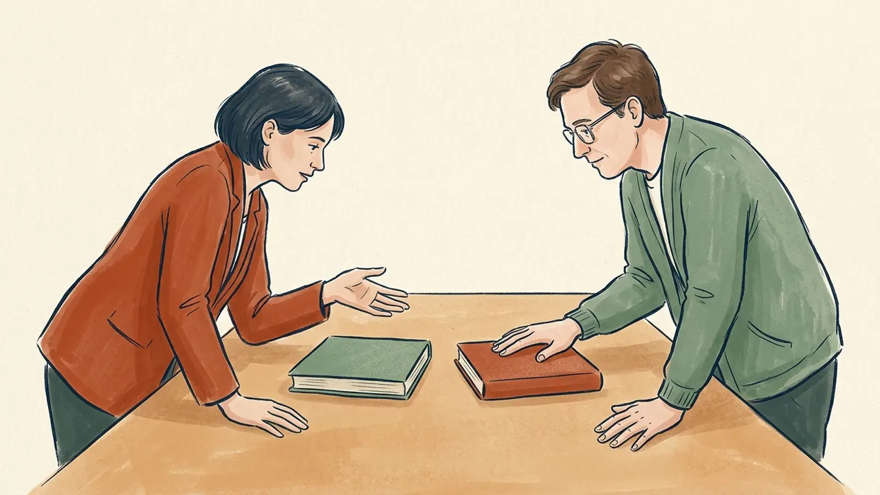 Dos personas comparan dos libros cerrados de cubiertas lisas sobre una mesa.