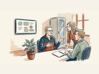 Tres profesionales conversan junto a un armario técnico y una pantalla abstracta.