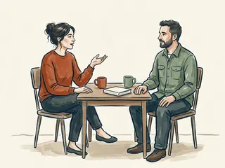 Dos personas conversan sentadas junto a una mesa con dos tazas y un libro liso.