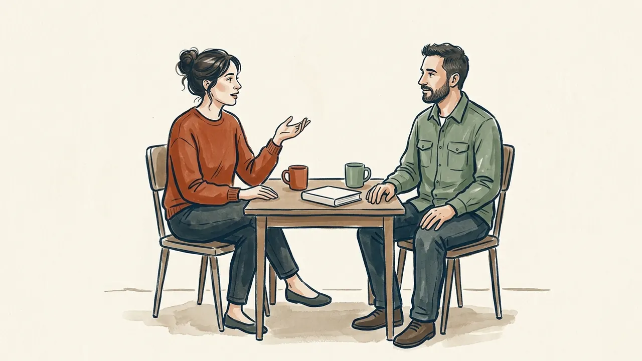Dos personas conversan sentadas junto a una mesa con dos tazas y un libro liso.