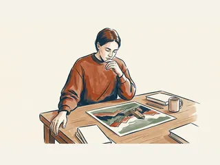 Una persona contempla una lámina de montañas y un edificio histórico imaginarios.