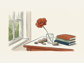 Una amapola roja en un vaso junto a libros sin inscripciones y pequeñas piedras.