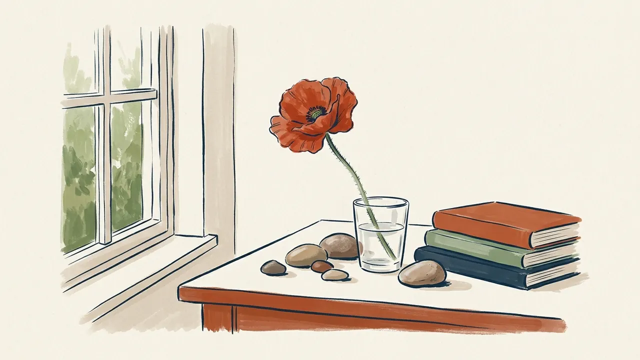 Una amapola roja en un vaso junto a libros sin inscripciones y pequeñas piedras.