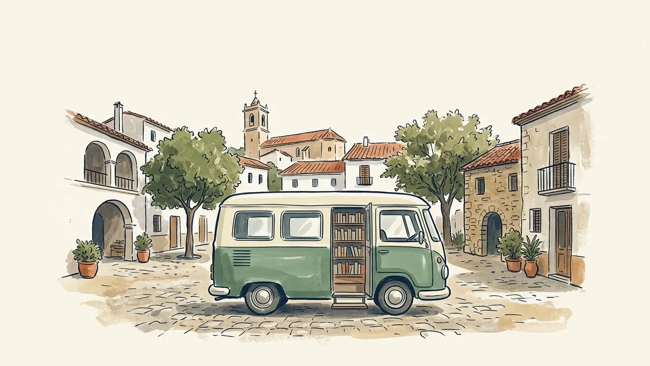 Bibliobús verde y crema con libros visibles en una plaza de pueblo