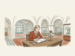 Bióloga con un cuaderno junto a un modelo botánico y una lupa en un museo.