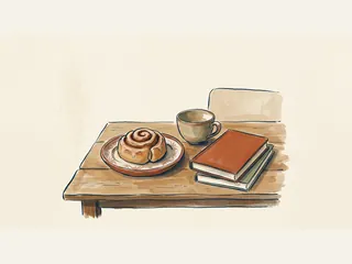 Ilustración de un bollo de canela sobre un plato junto a una taza y dos libros sin texto.
