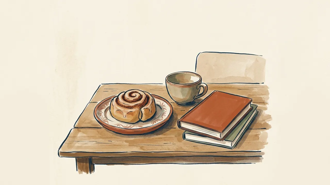 Ilustración de un bollo de canela sobre un plato junto a una taza y dos libros sin texto.