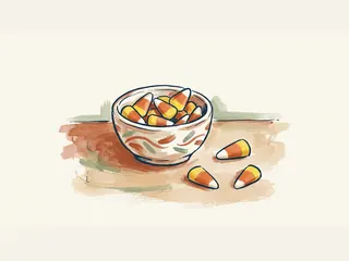 Cuenco con caramelos candy corn de punta blanca, franja naranja y base amarilla.