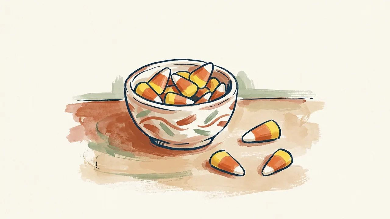Cuenco con caramelos candy corn de punta blanca, franja naranja y base amarilla.