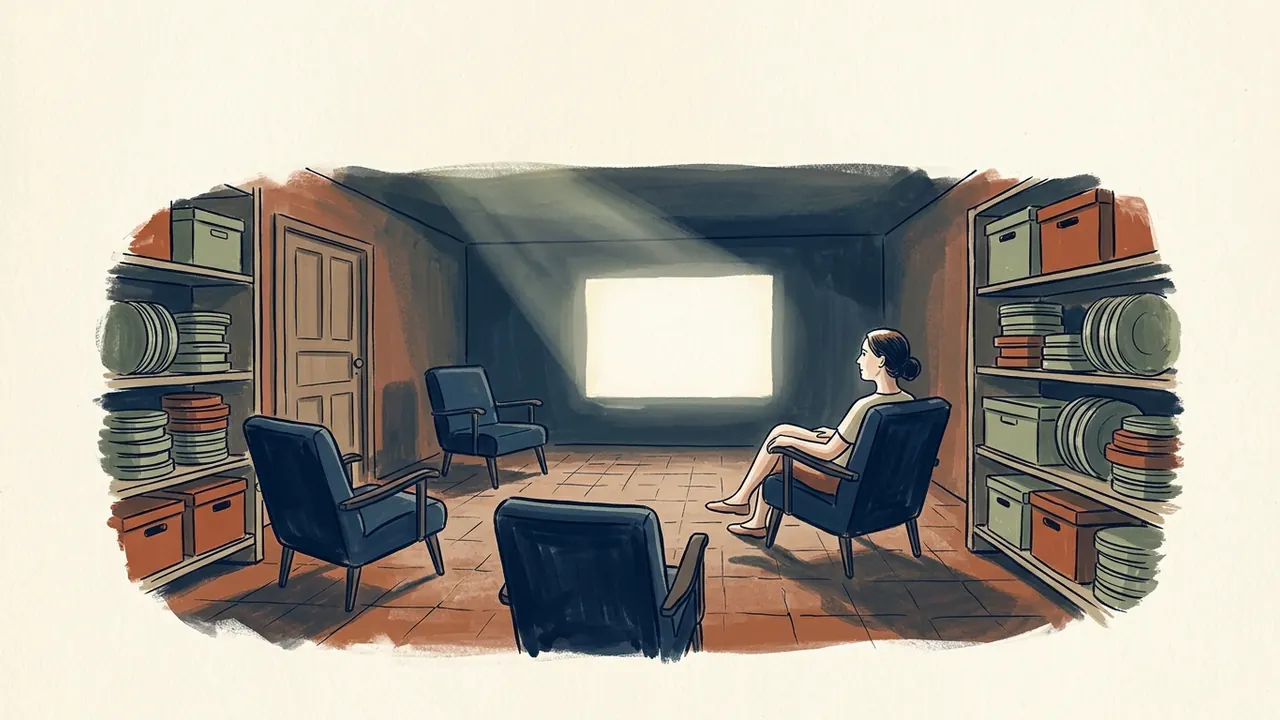 Mujer viendo una pantalla vacía en una pequeña sala de filmoteca.