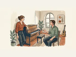 Dos personas adultas conversan junto a un piano en una sala de música.