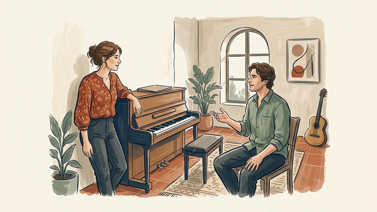 Dos personas adultas conversan junto a un piano en una sala de música.