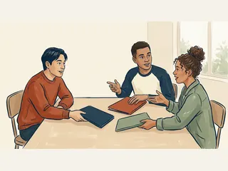 Tres personas conversan e intercambian carpetas cerradas sobre una mesa comunitaria.
