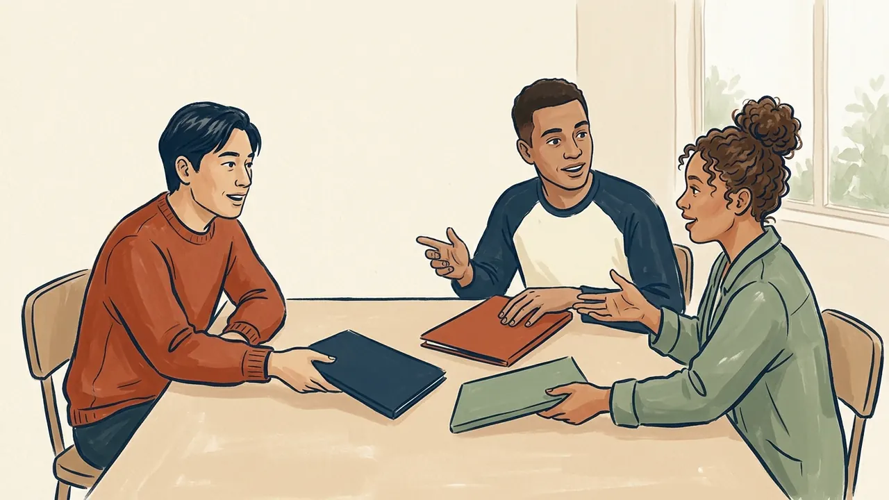 Tres personas conversan e intercambian carpetas cerradas sobre una mesa comunitaria.