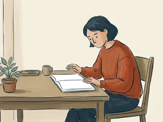 Una persona adulta consulta un libro abierto de páginas lisas junto a una ventana.