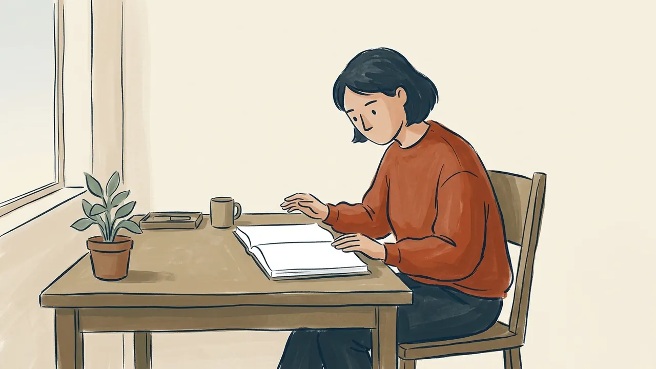 Una persona adulta consulta un libro abierto de páginas lisas junto a una ventana.
