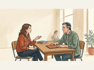 Dos personas adultas conversan ante una carpeta en una sala luminosa.