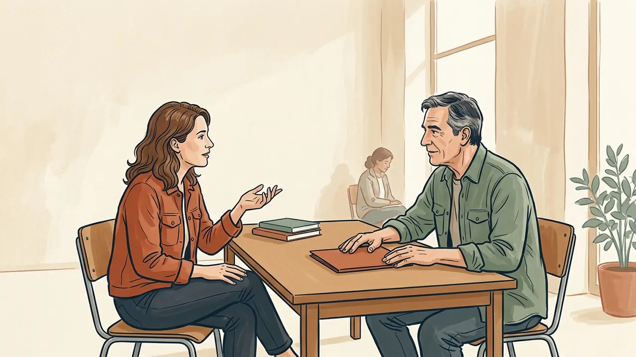Dos personas adultas conversan ante una carpeta en una sala luminosa.