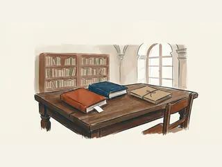 Dos libros cerrados y una carpeta de archivo sobre una mesa de biblioteca.