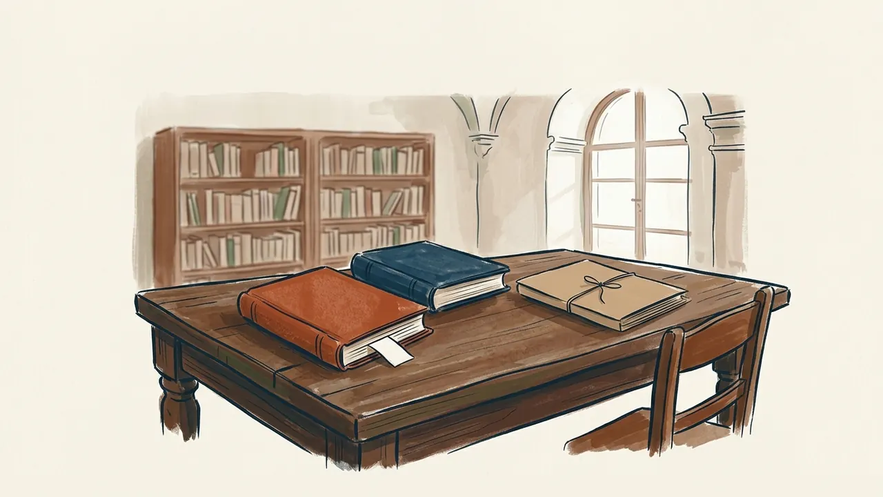 Dos libros cerrados y una carpeta de archivo sobre una mesa de biblioteca.