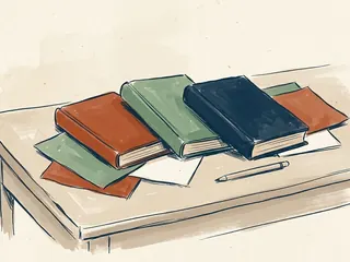 Tres libros de cubiertas lisas junto a papeles de colores y un lápiz sobre una mesa.