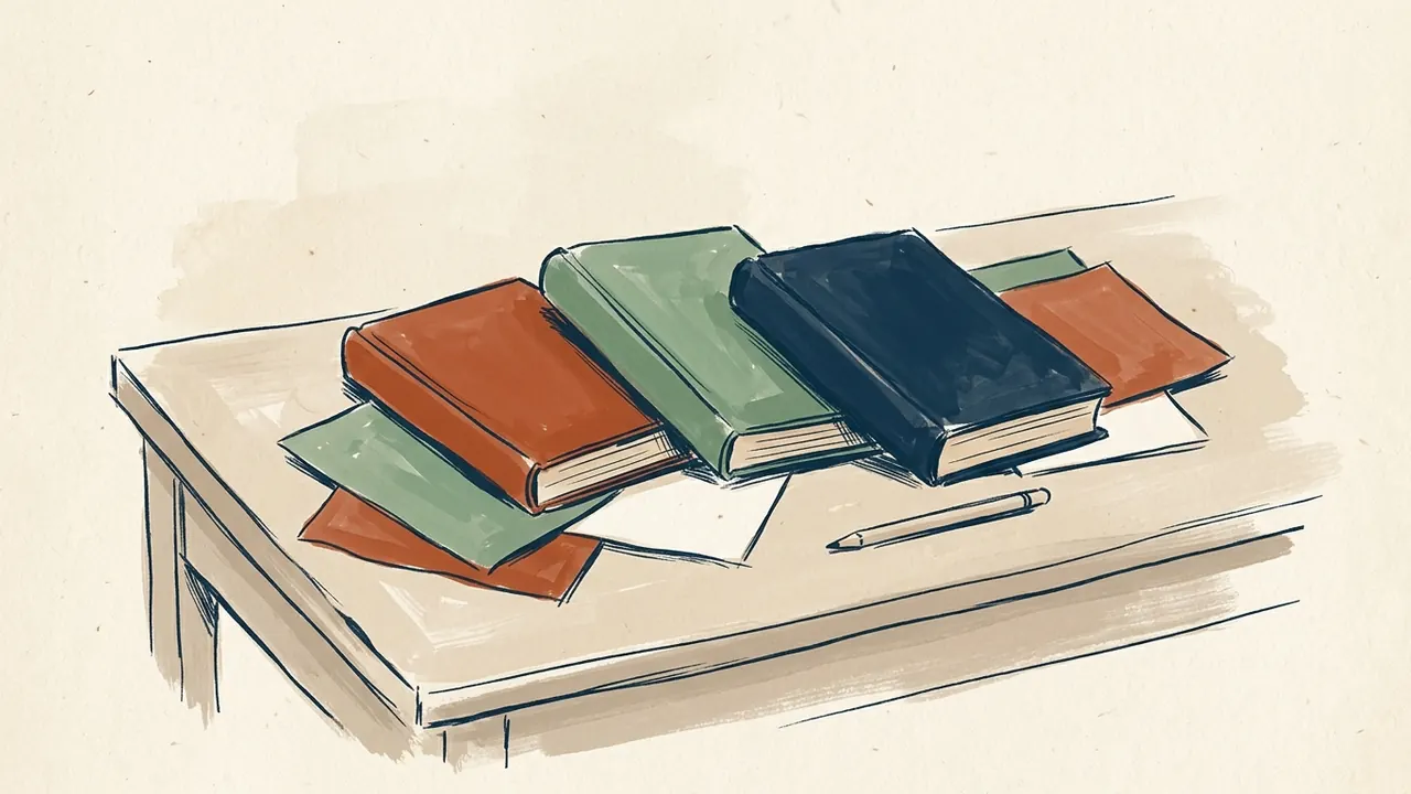 Tres libros de cubiertas lisas junto a papeles de colores y un lápiz sobre una mesa.