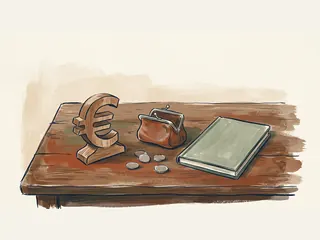 Símbolo del euro de madera, monedero, monedas lisas y cuaderno sobre una mesa.