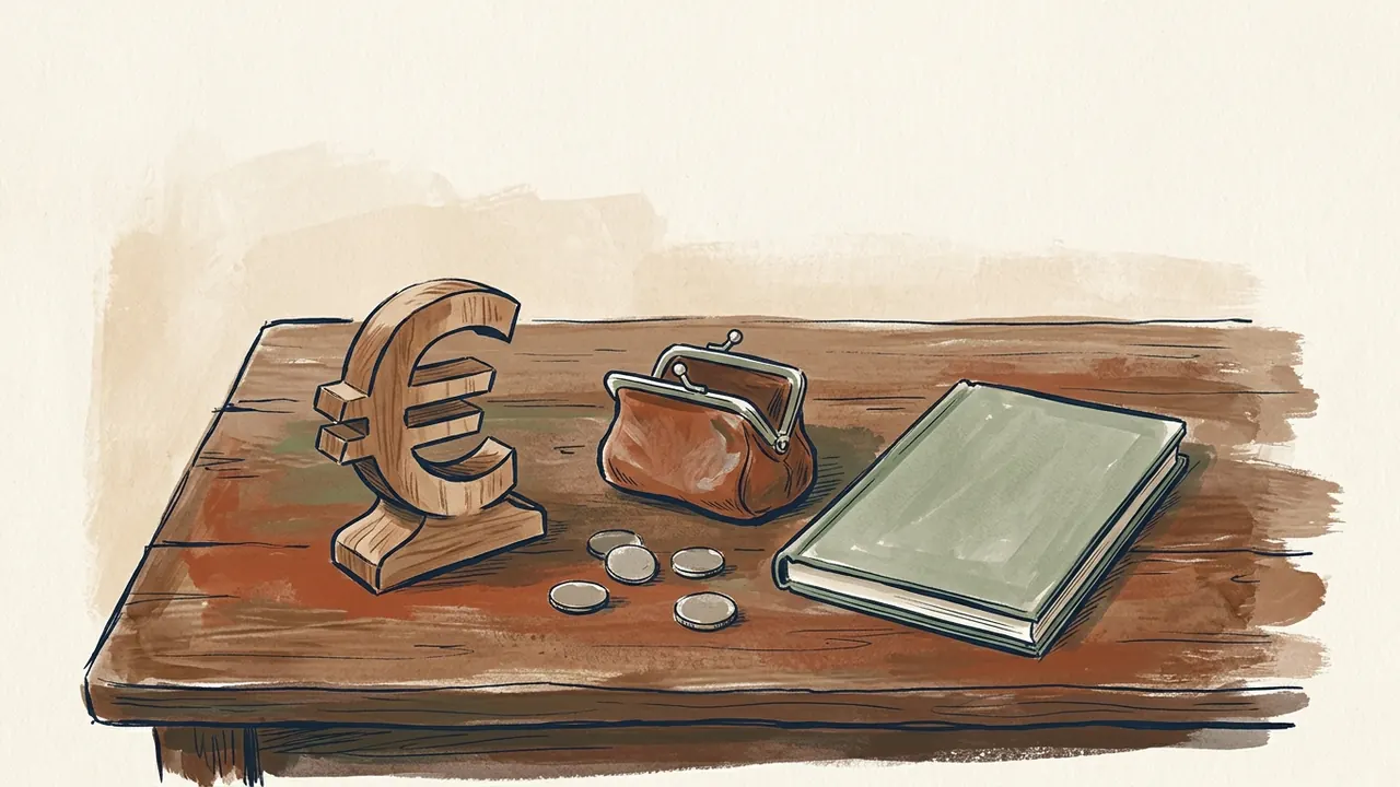 Símbolo del euro de madera, monedero, monedas lisas y cuaderno sobre una mesa.