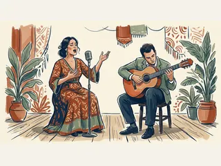 Una cantante y un guitarrista actúan en un escenario ficticio.