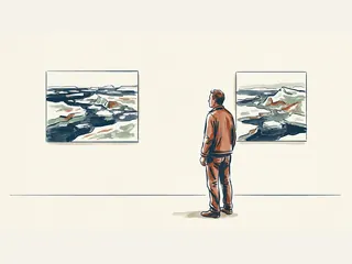 Una persona observa dos pinturas de paisajes de hielo marino en una sala.