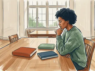 Una persona observa libros cerrados sobre una mesa de lectura.