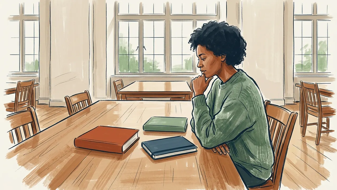 Una persona observa libros cerrados sobre una mesa de lectura.