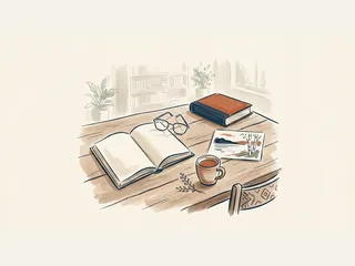 Libro abierto y libro cerrado junto a una ilustración de un lago y abedules.