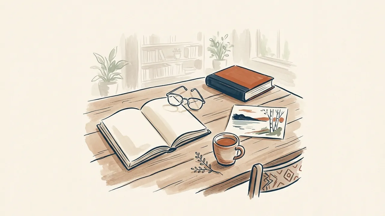Libro abierto y libro cerrado junto a una ilustración de un lago y abedules.