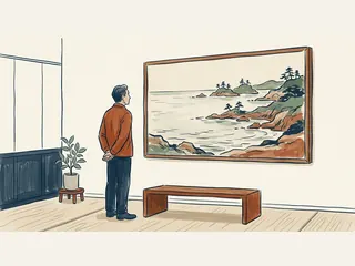 Una persona contempla una ilustración de una costa con islas y árboles en una sala.