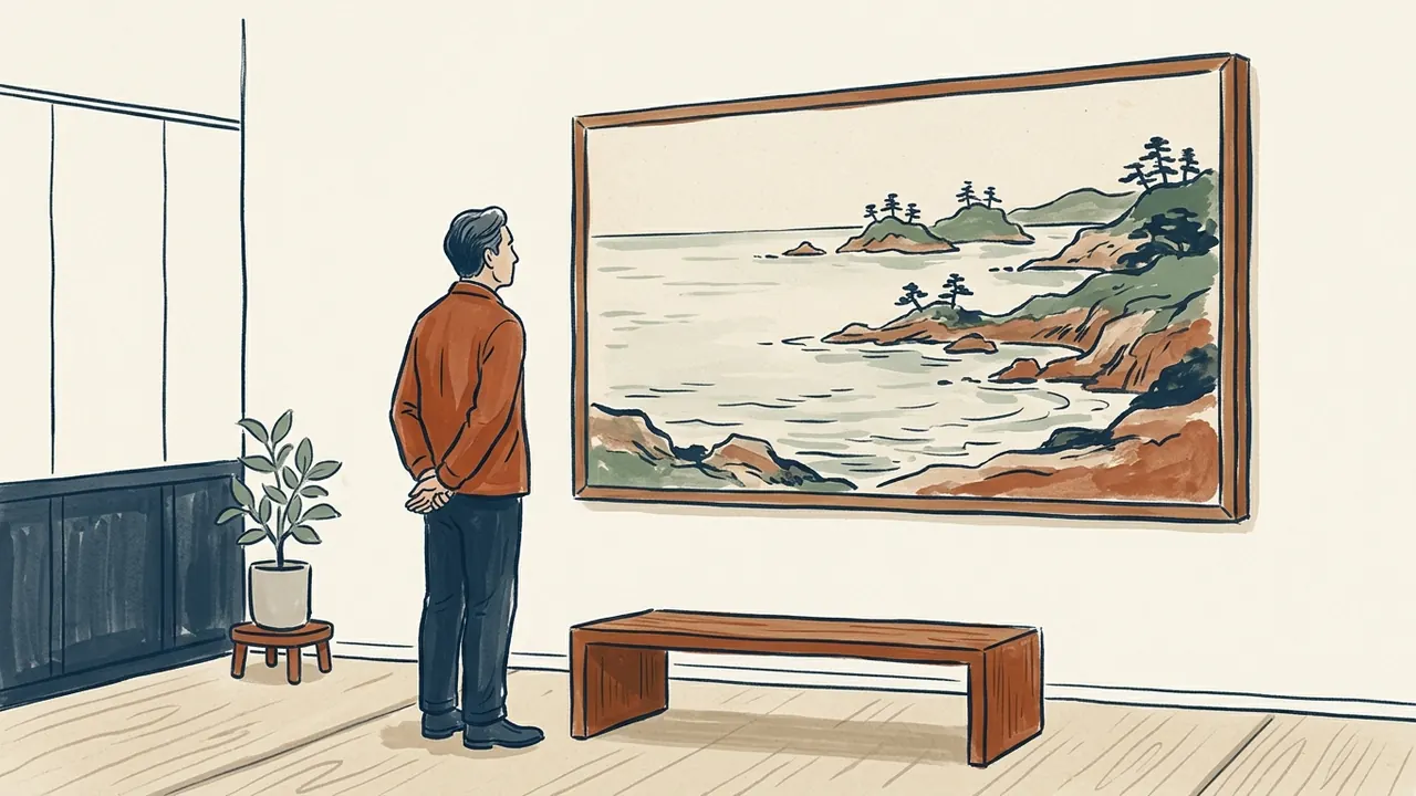 Una persona contempla una ilustración de una costa con islas y árboles en una sala.