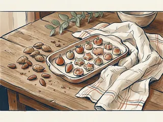 Una bandeja con pequeñas figuras de mazapán, almendras y un paño sobre una mesa de madera.