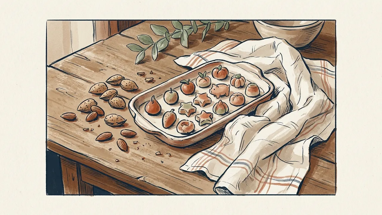 Una bandeja con pequeñas figuras de mazapán, almendras y un paño sobre una mesa de madera.