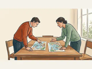 Dos personas comparan dibujos de puertos mediterráneos imaginarios.