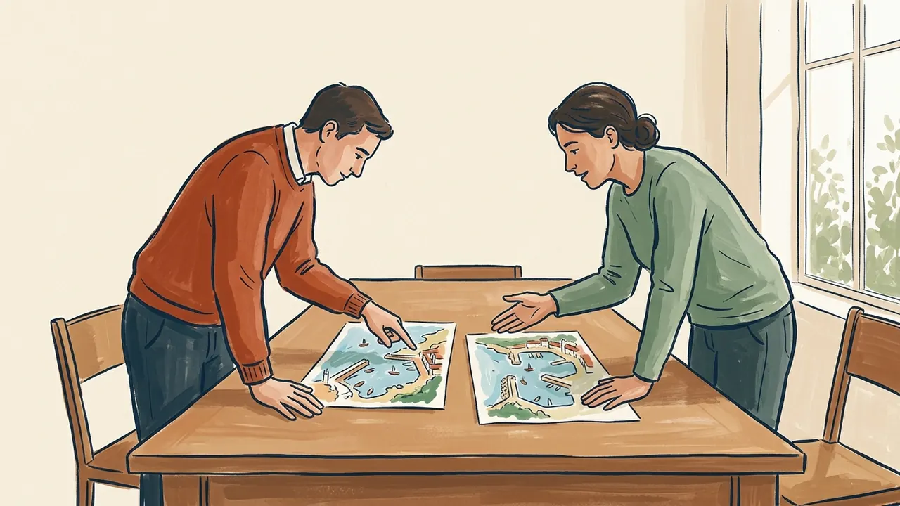 Dos personas comparan dibujos de puertos mediterráneos imaginarios.